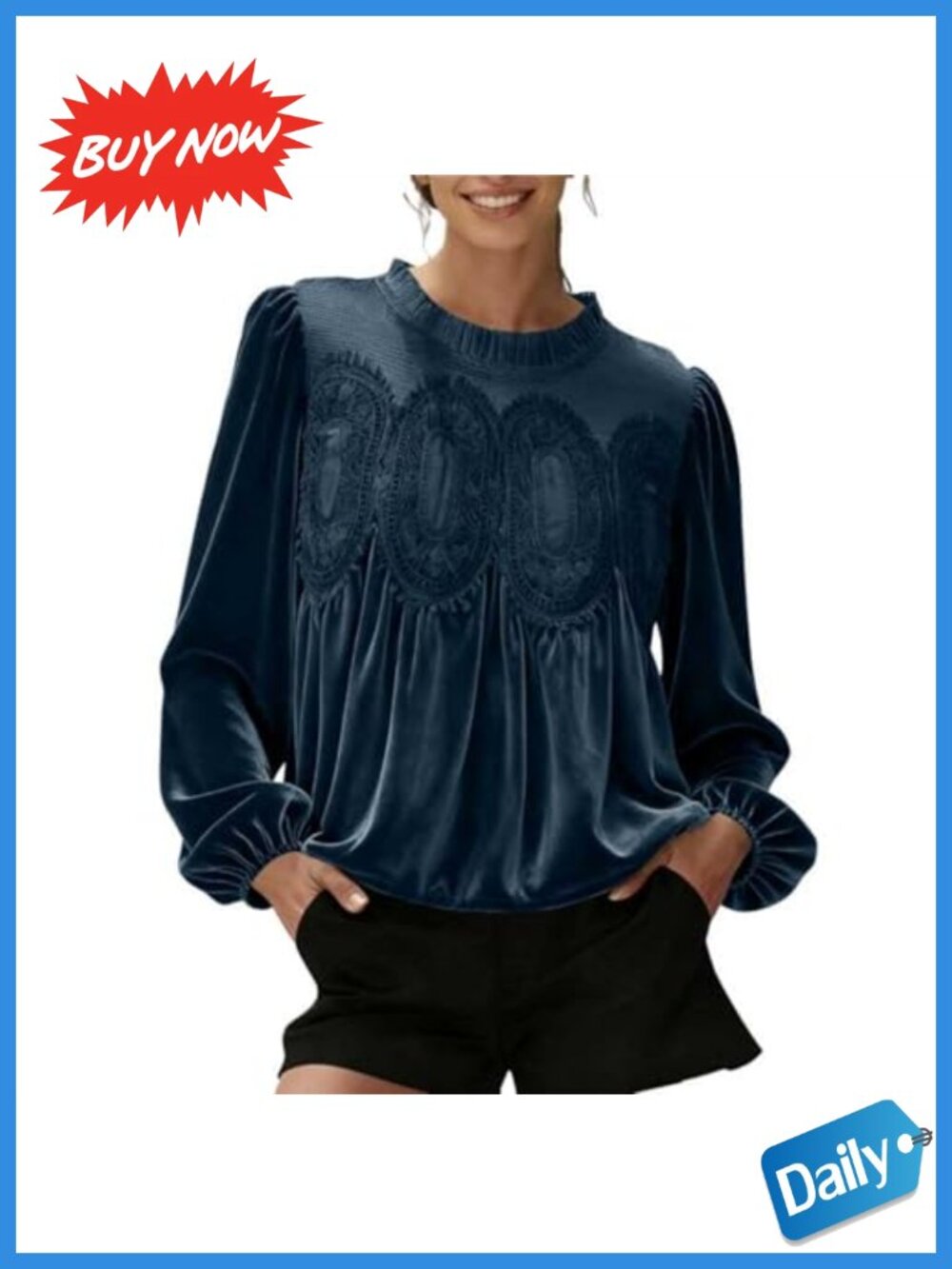 Women's Velvet Lace Long Sleeve Swing Blouse Crew Neck Mesh Flared Top